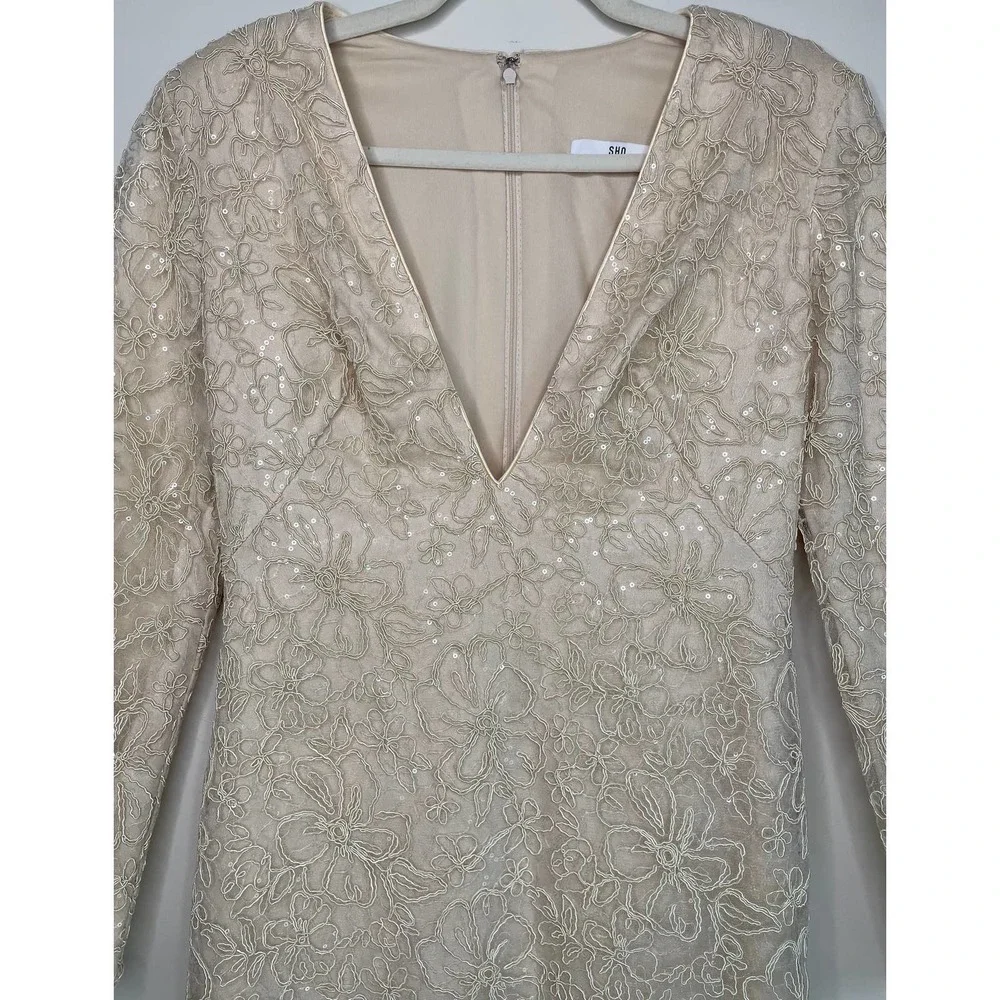NWT TADASHI SHOJI Plunge Neck Long Sleeve Jacquard Floral Sequin Minidress 6 - Picture 14 of 16